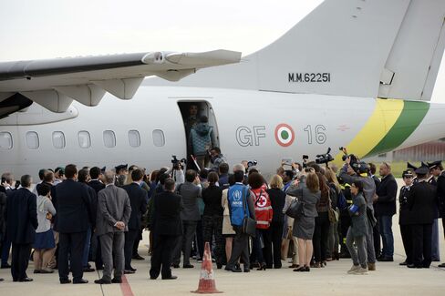 Eritrean refugees board a plane heading for Sweden at Ciampino airport in Rome.