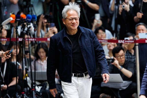 Jensen Huang arrives at Gimpo International Airport in Seoul on June 5.