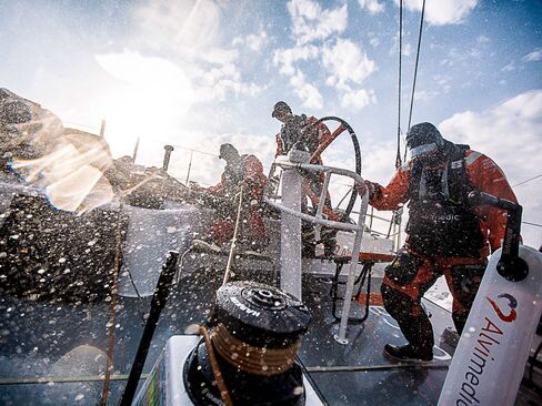Rough upwind conditions greet Team Alvimedica upon entering the Bay of Biscay during the sailing of Leg 8 from Lisbon to L'Orient on June 9, 2015.