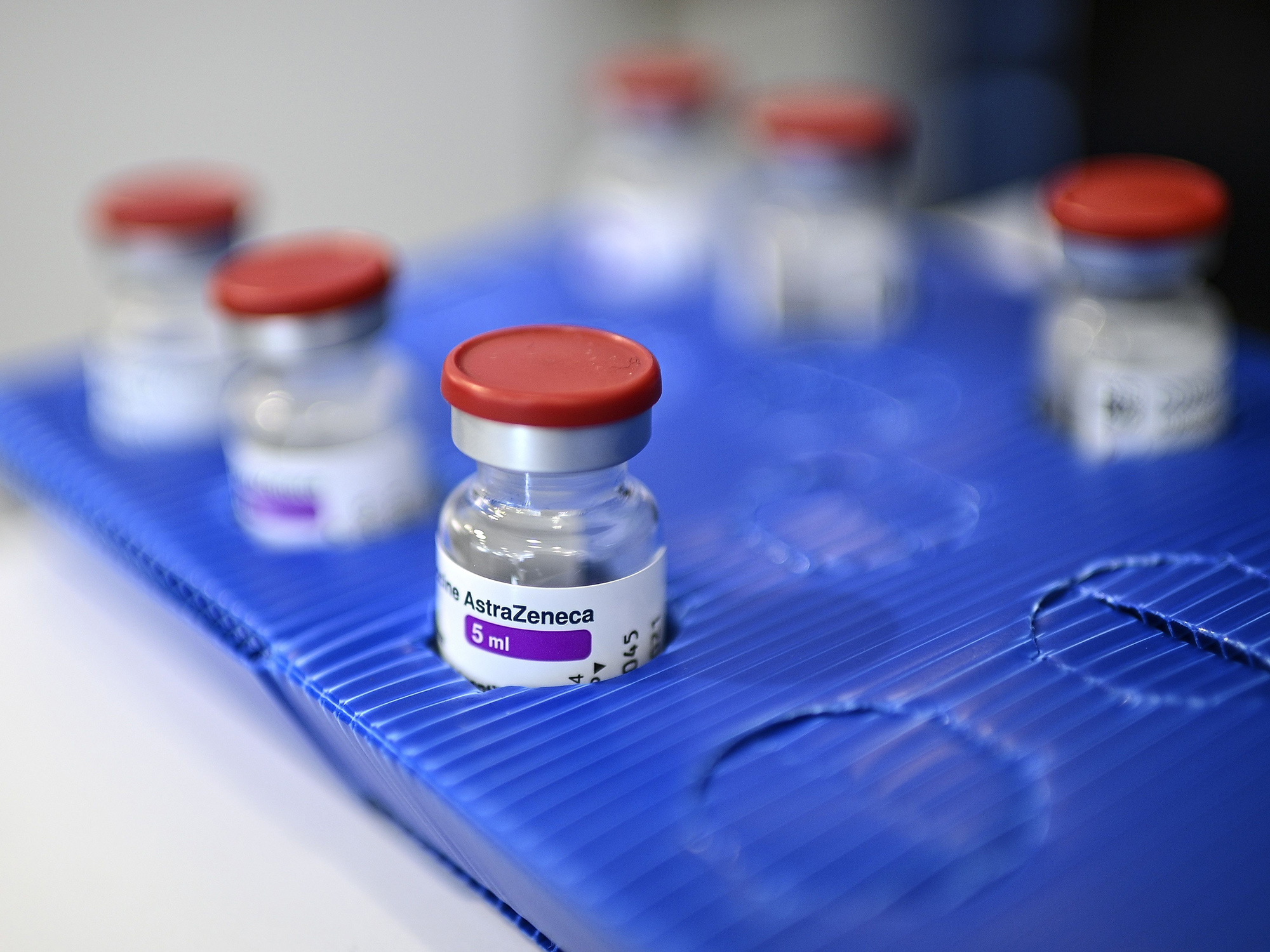 This image shows vials of the AstraZeneca Covid-19 vaccine at a pharmacy in Paris on February 25, 2021.