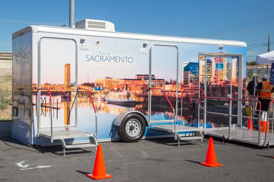 Sacramento's Pit Stop project features a bathroom with three stalls, one of which is ADA compliant. 
