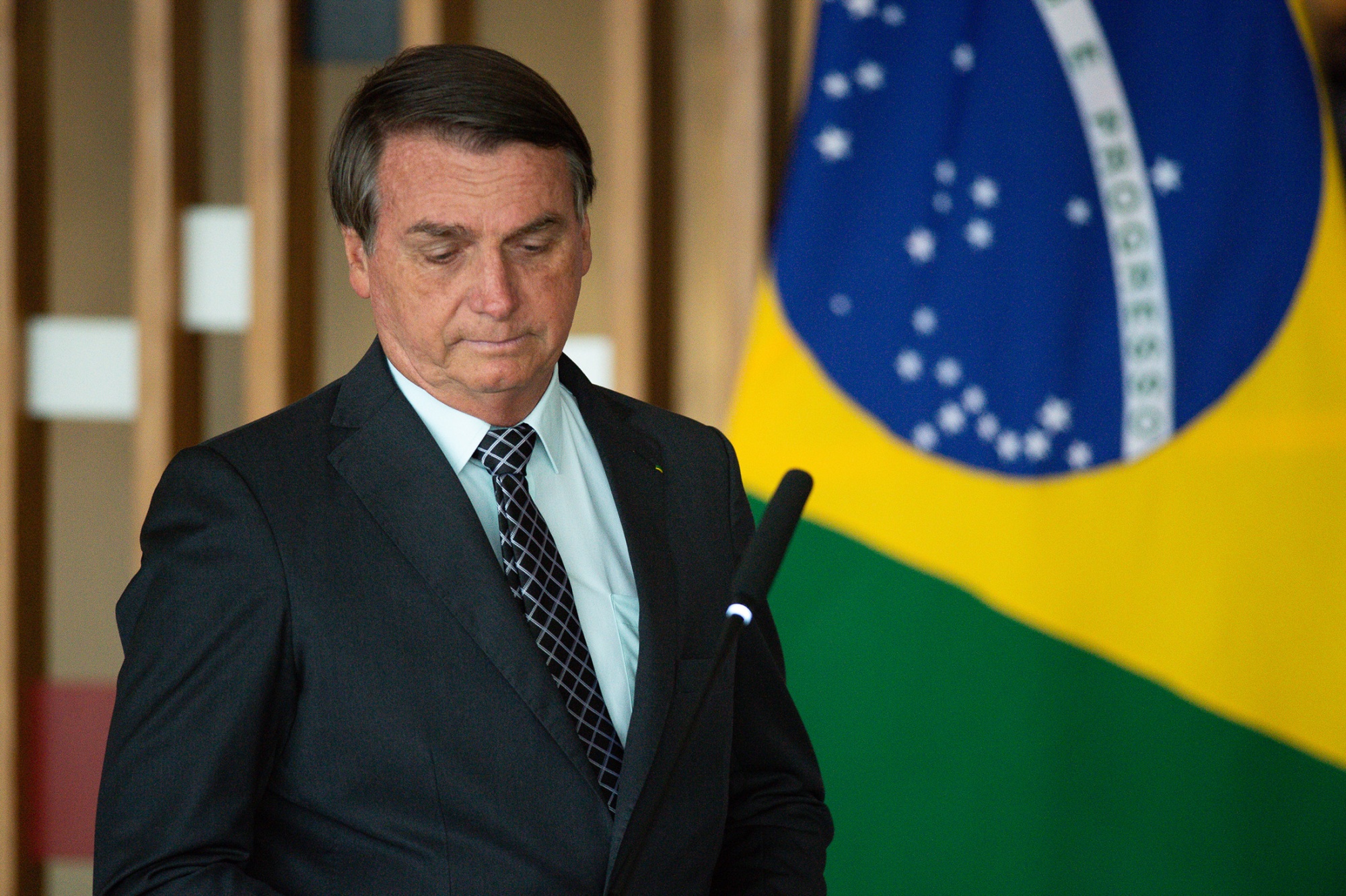 Brazilian President Jair Bolsonaro arrives for a meeting with the U.S. national security advisor on Oct. 20, 2020.&nbsp;