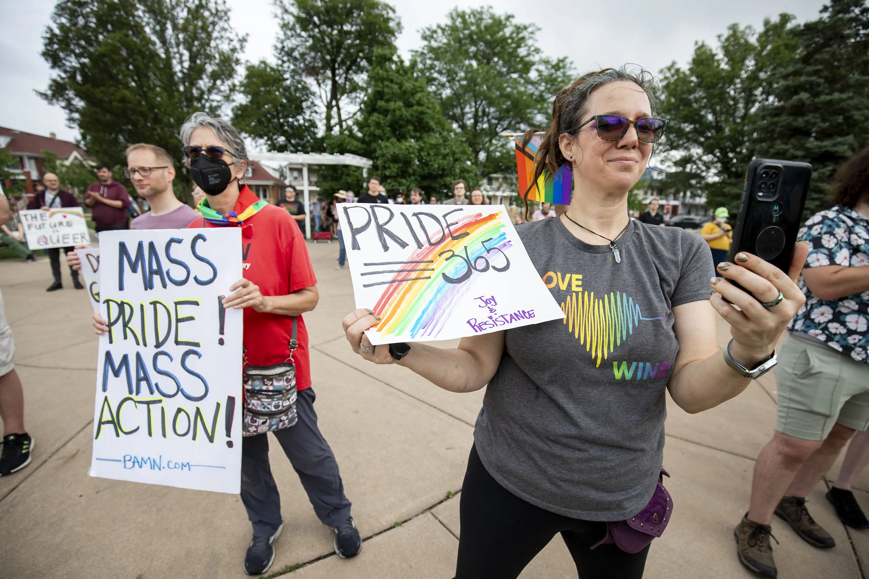 Protesters opposing the City of Hamtramck, Michigan’s&nbsp;recent resolution banning the flying of LGBTQ+ flags on city property, demonstrate at City Hall on June 24, 2023.&nbsp;