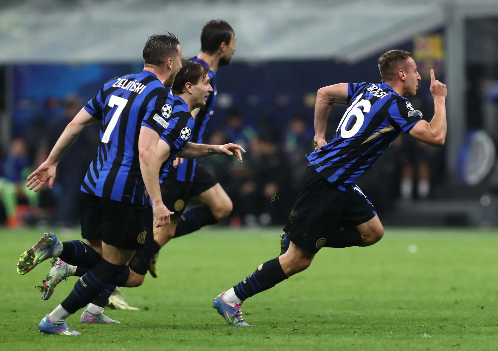 Inter Milan players celebrate during a match at Giuseppe Meazza Stadium in Milan on May 6.