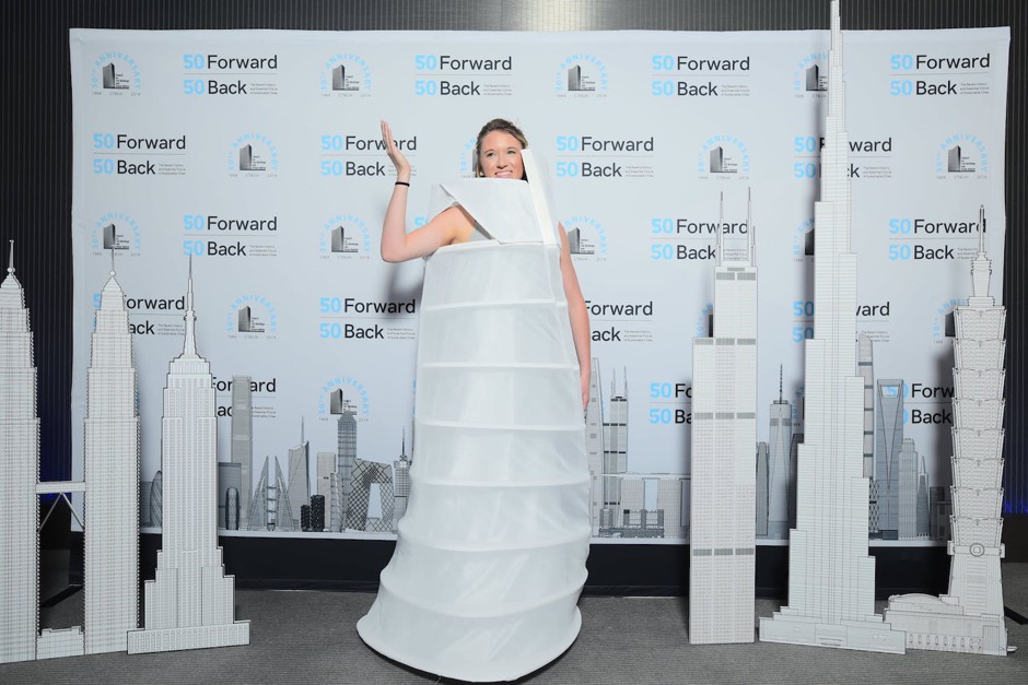 A guest from the design firm Gensler dressed as its Shanghai Tower.