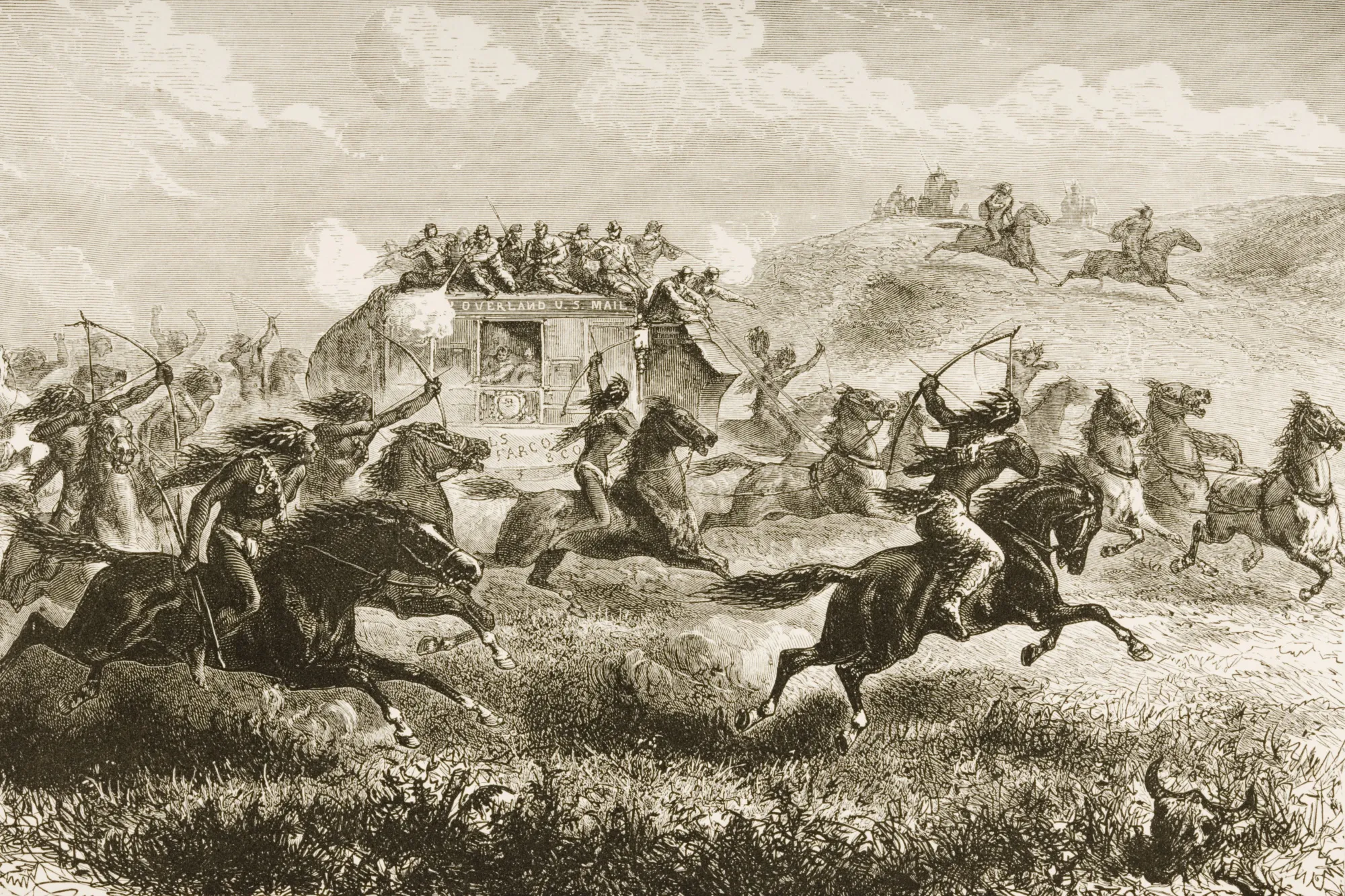 A fanciful scene of a mail coach under attack in the 1860s, from “American Pictures Drawn With Pen And Pencil” by Rev. Samuel Manning.&nbsp;