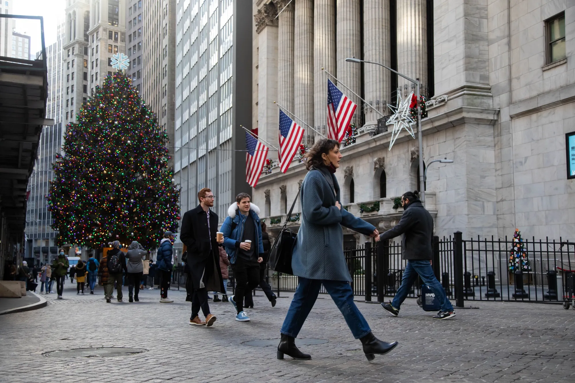 Holiday decorations in front of the New York Stock Exchange (NYSE) in New York, U.S.