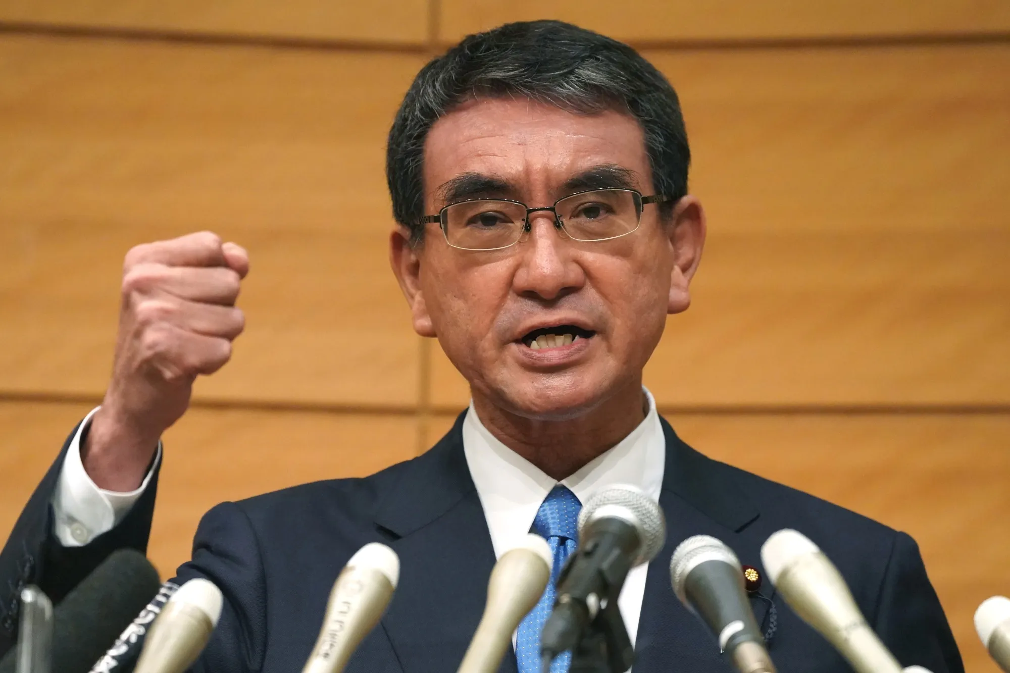 Taro Kono speaks during a news conference announcing to run for leader of the Liberal Democratic Party in Tokyo, on&nbsp;Sept. 10.