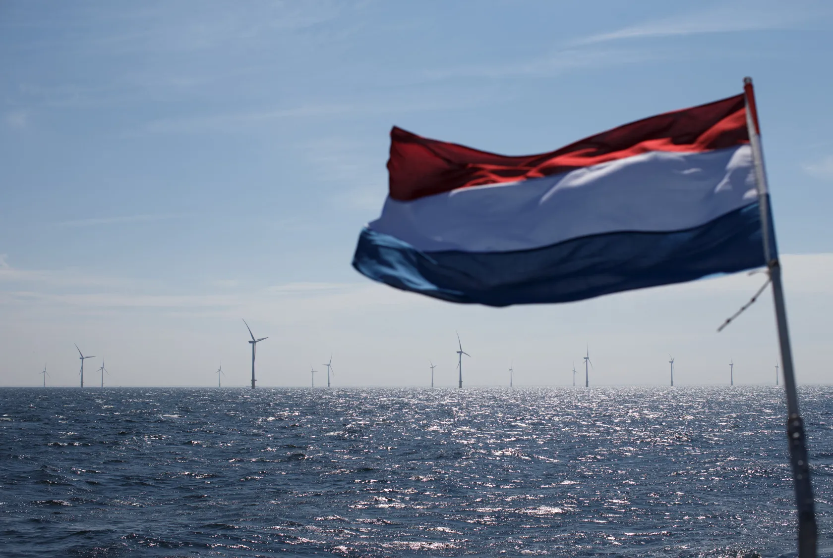 A wind farm in the North Sea off the coast of Ijmuiden, Netherlands.