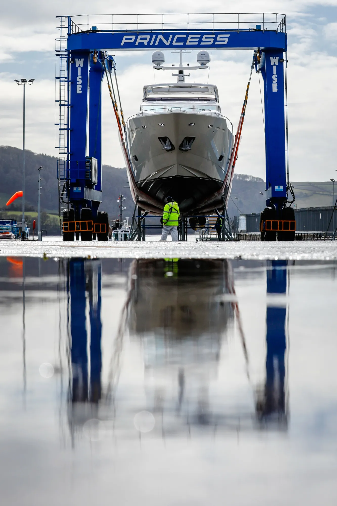 A 30M Yacht sits in a sling at Princess Yachts&nbsp;in Plymouth, U.K.