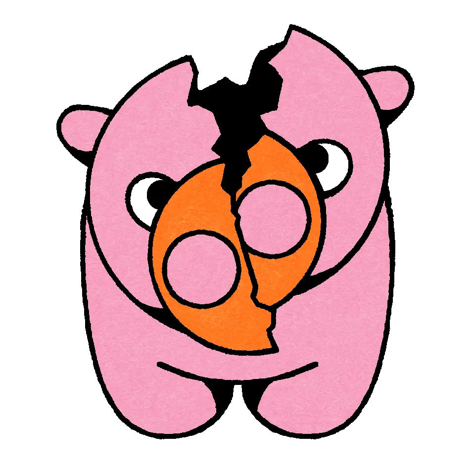 A in illustration of a pig with a head broken in half, like a piggy bank.