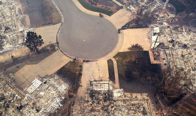 An aerial view in 2018 of a Paradise neighborhood destroyed by the Camp Fire