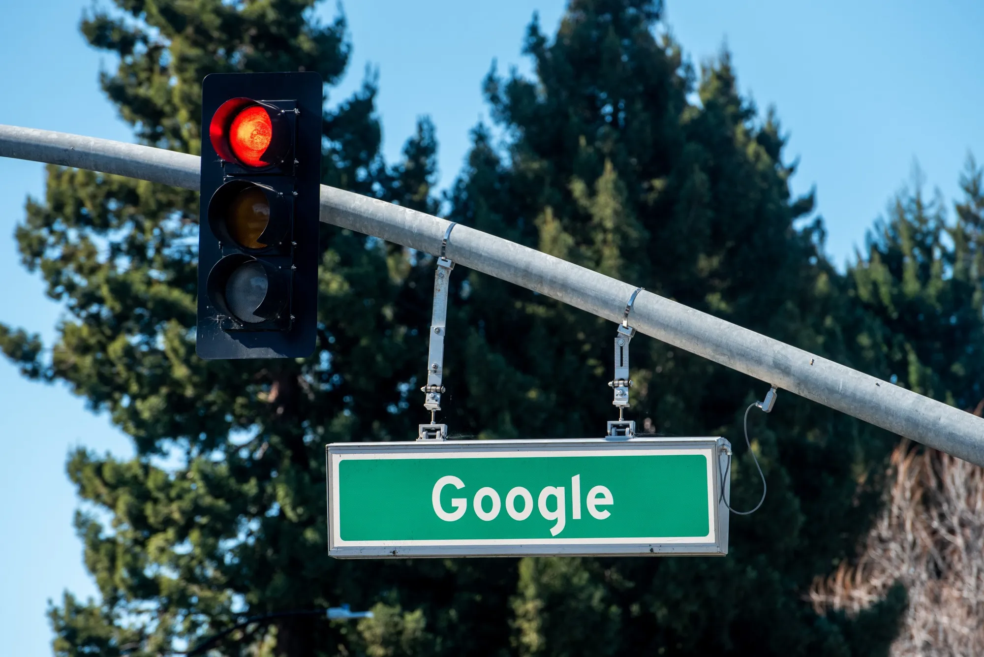 A street sign at Google headquarters in Mountain View, California.