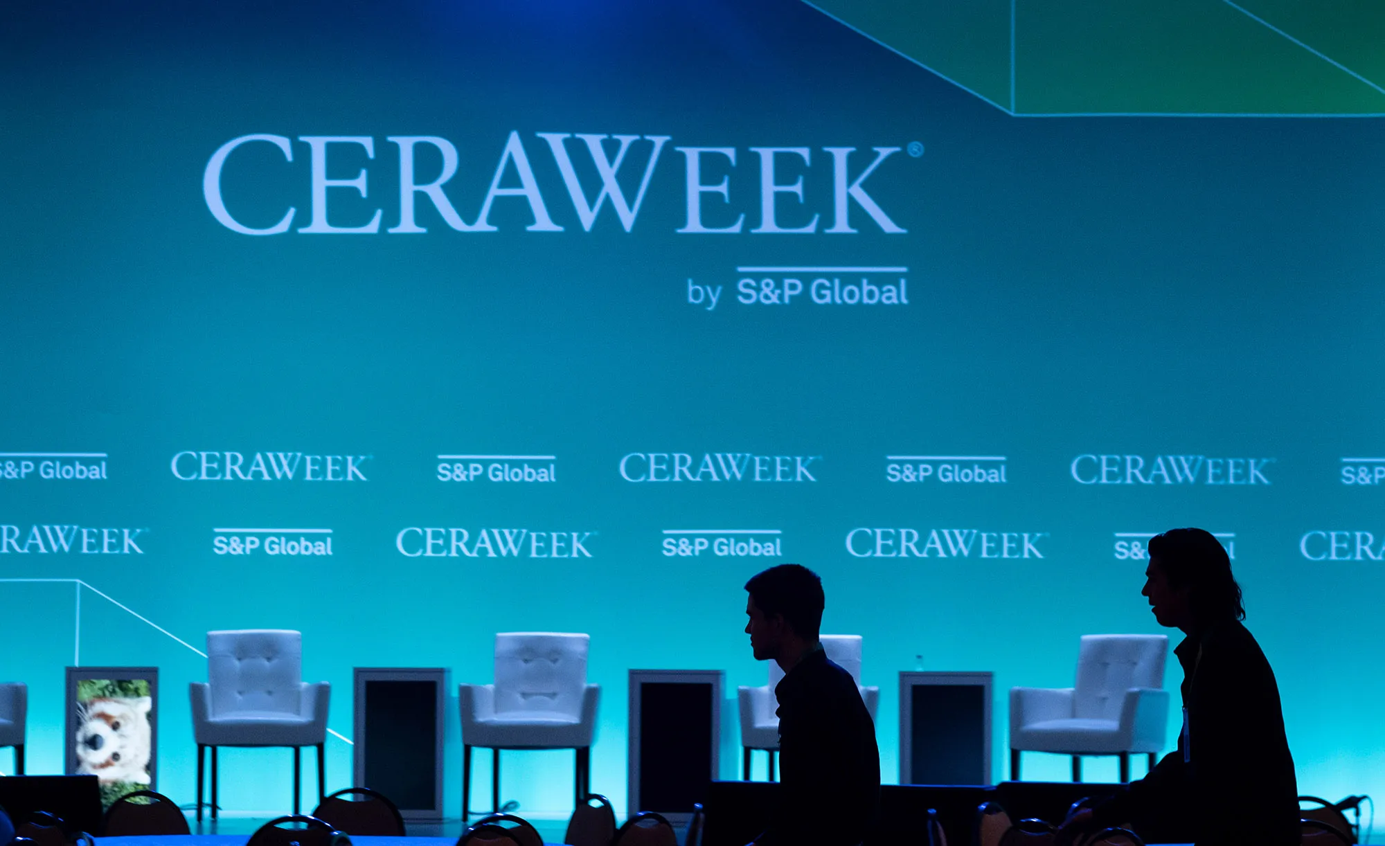 Technicians prepare for the start of the 2022 CERAWeek by S&amp;P Global conference in Houston, Texas.