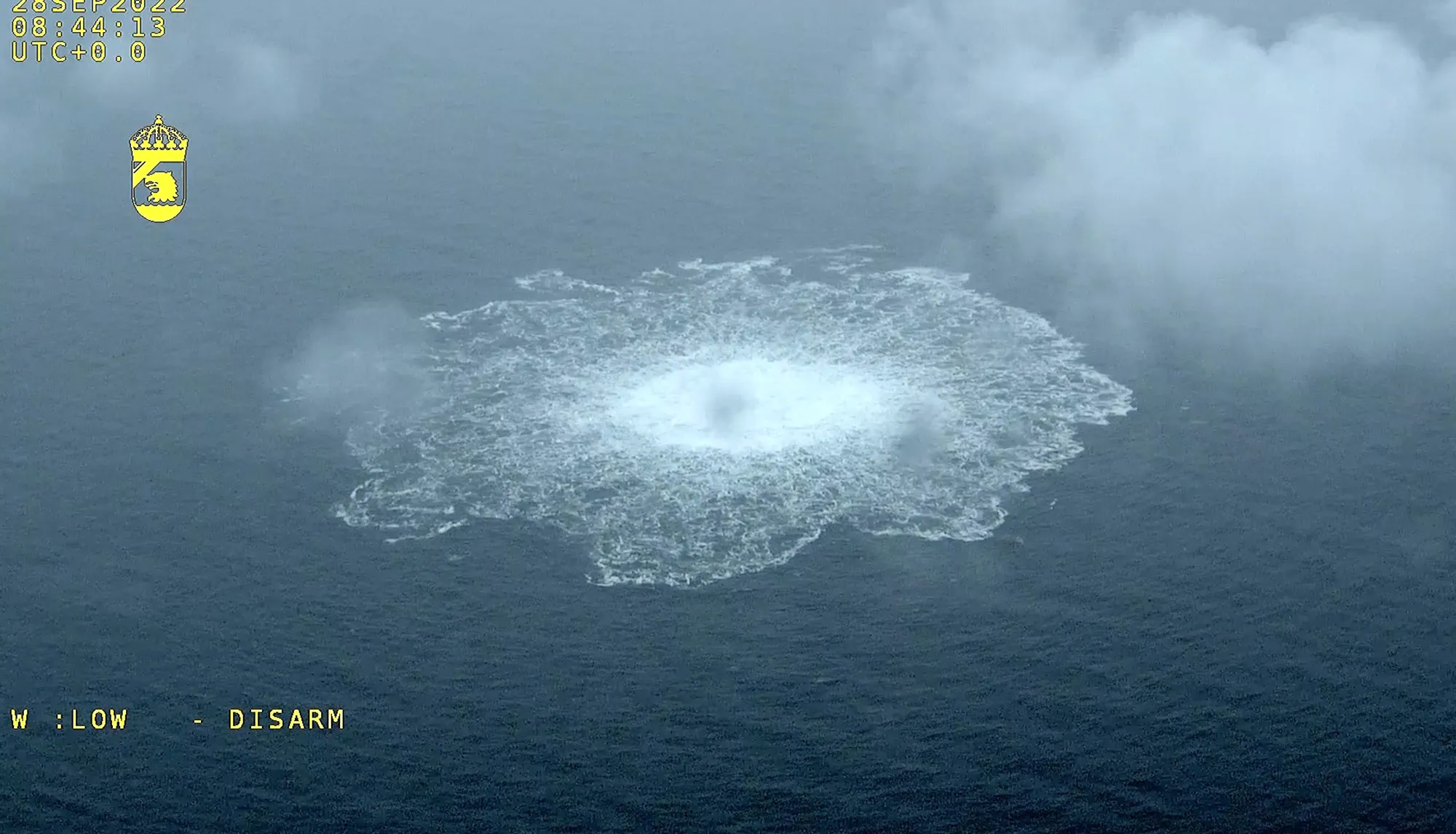 A screen grab from Danish Defense shows a gas leak bubbling up on the sea surface&nbsp;in Sweden on Sept.&nbsp;30, 2022.
