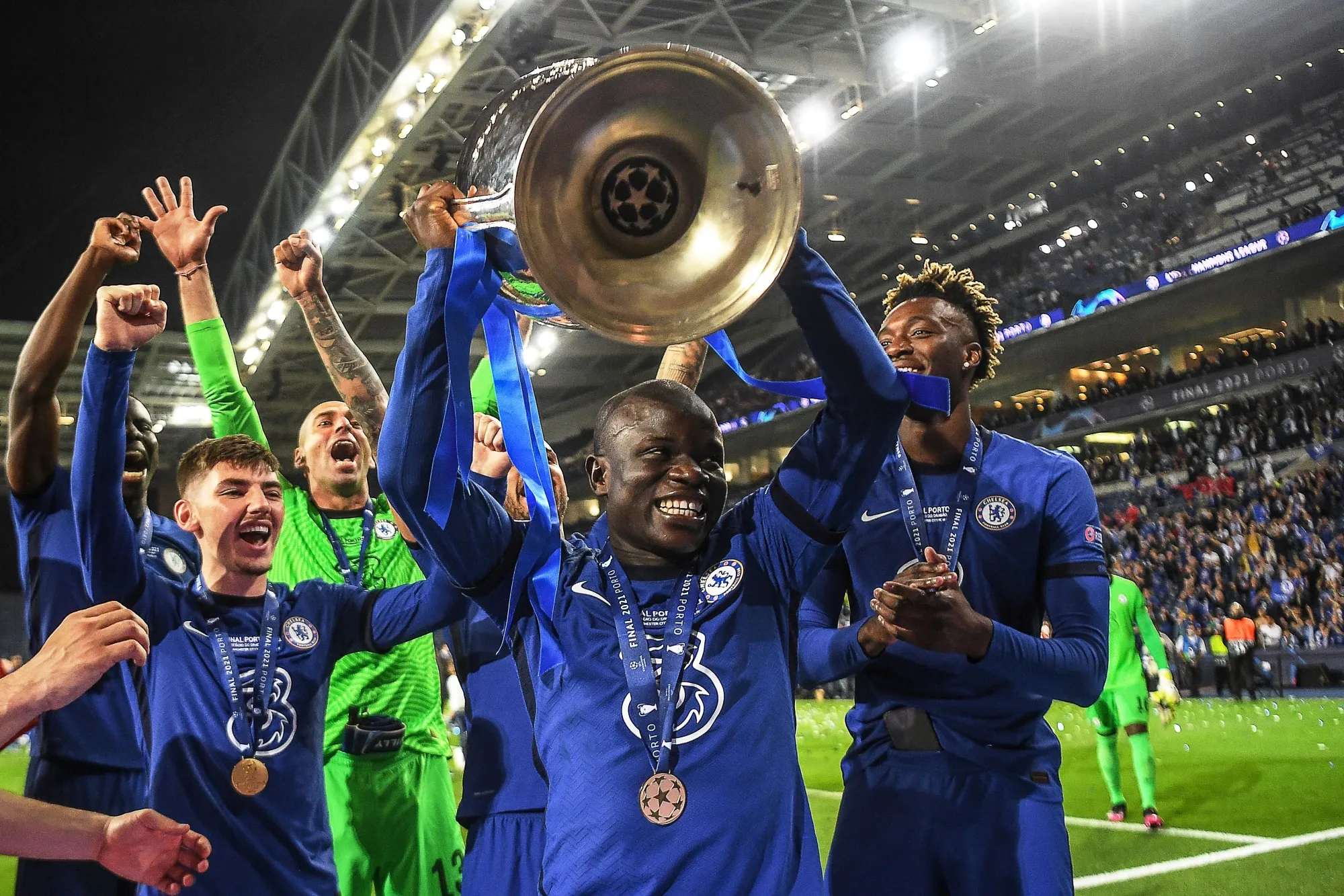 Chelsea FC celebrate winning the 2021 UEFA Champions League final in Porto, Portugal.