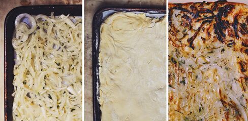 From left to right: Thinly sliced onions go into the pan first, followed by a slow-fermented pizza dough made from einkorn flour; after the two bake together, the pizza is flipped.
