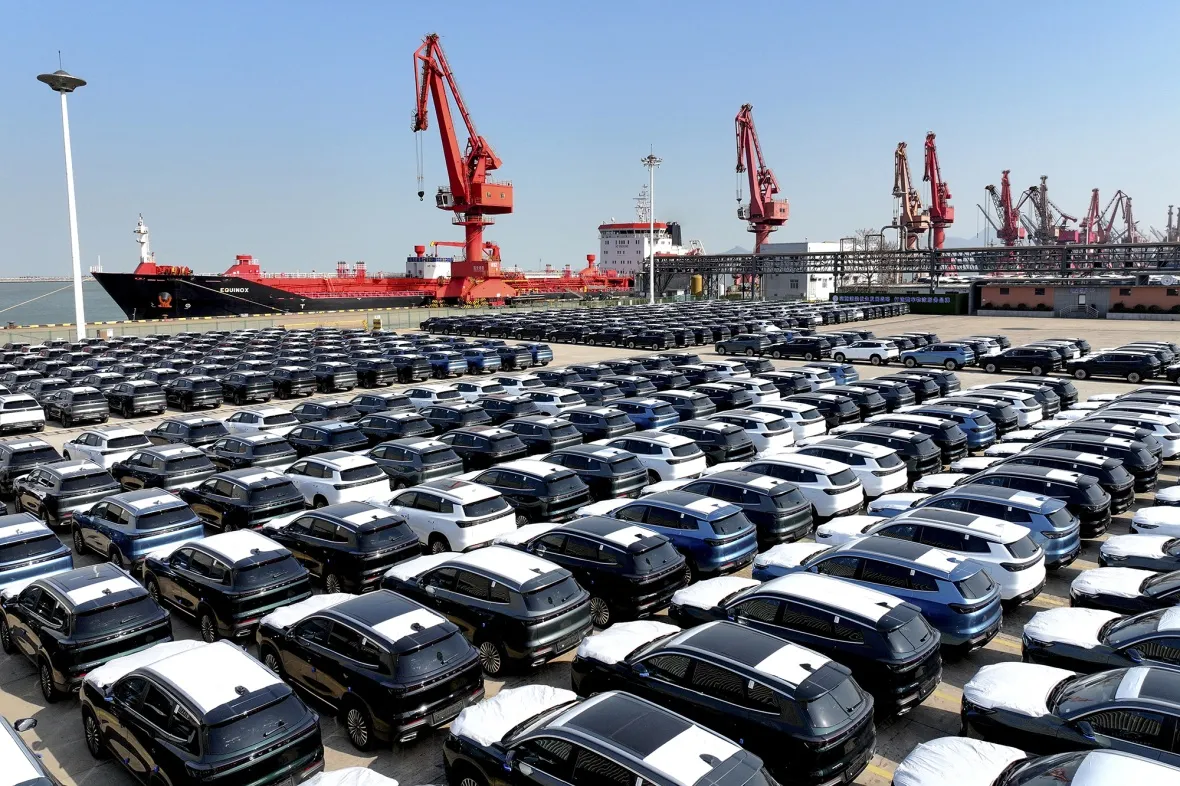 Cars are lined up for export&nbsp;at the port in Lianyungang, China.