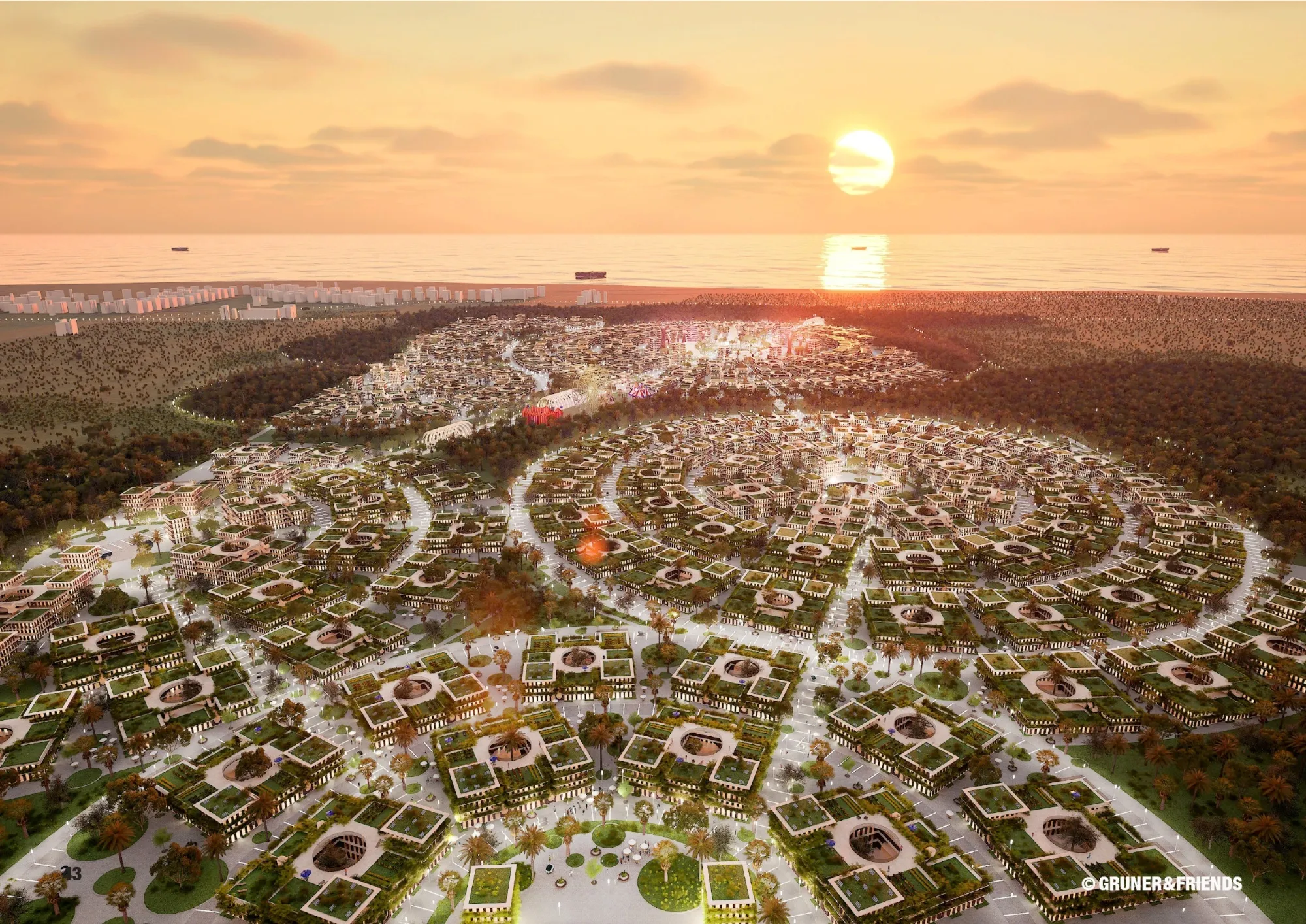 
A rendering of plans for Dunia Cyber City in Zanzibar, with housing for several thousand people —&nbsp;and digital infrastructure for many more.
