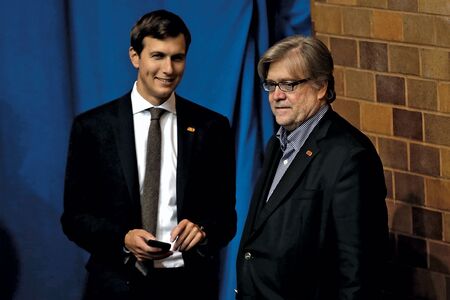 Kushner and Bannon at a Trump rally in Canton, Ohio, on Sept. 14.