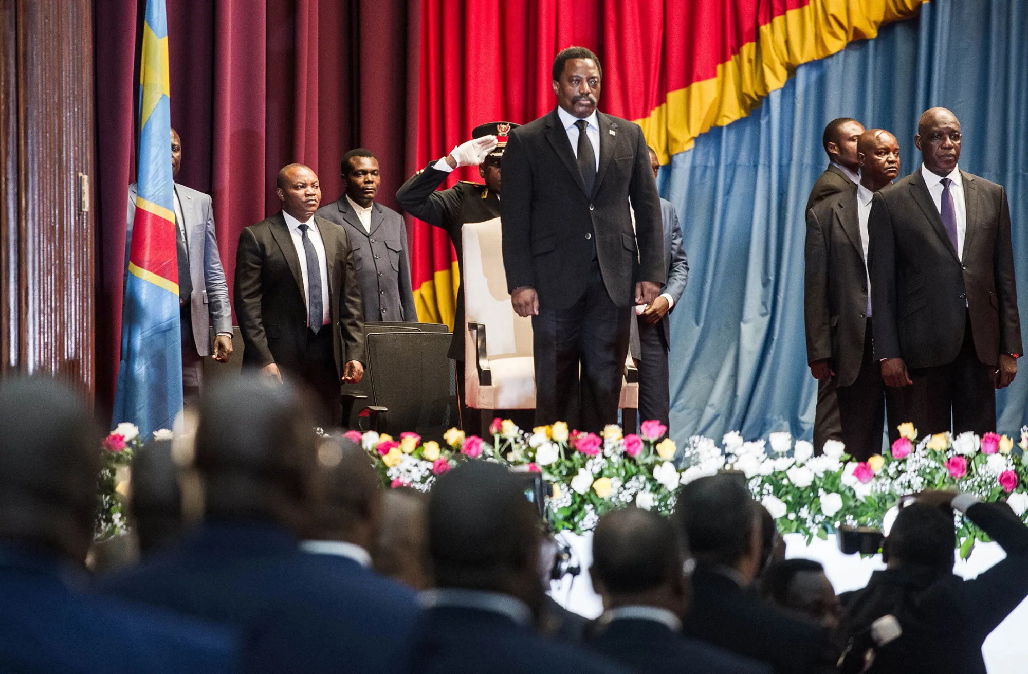 Congolese President Joseph Kabila, center, before delivering a speech to the nation in front of the upper and the lower chambers at the Palace of the People (Palais du Peuple) in Kinshasa on April 5, 2017.
