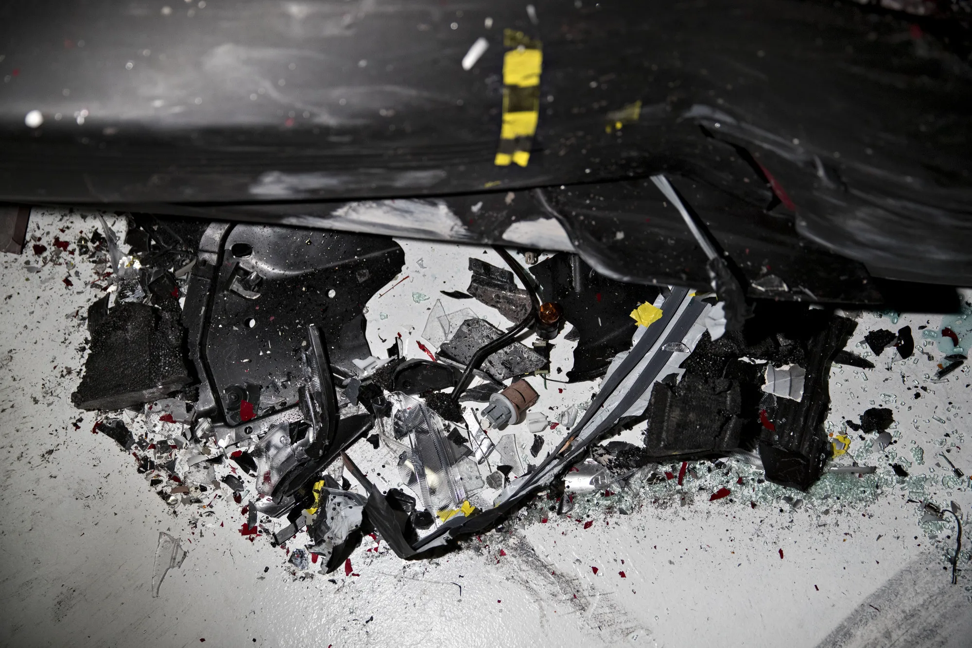 Wreckage from an automobile crash test at the Insurance Institute for Highway Safety.