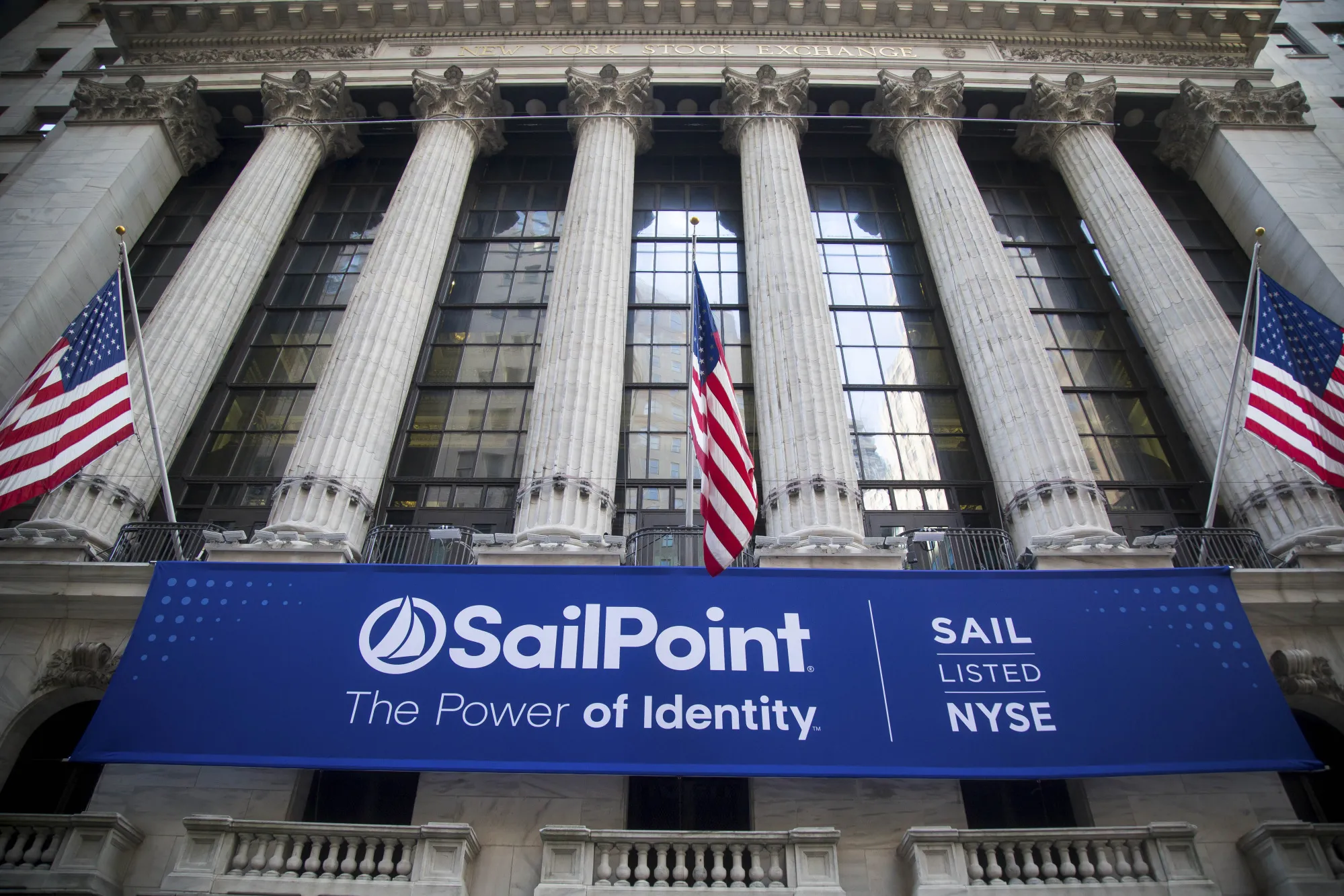 Sailpoint Technologies signage outside the New York Stock Exchange.