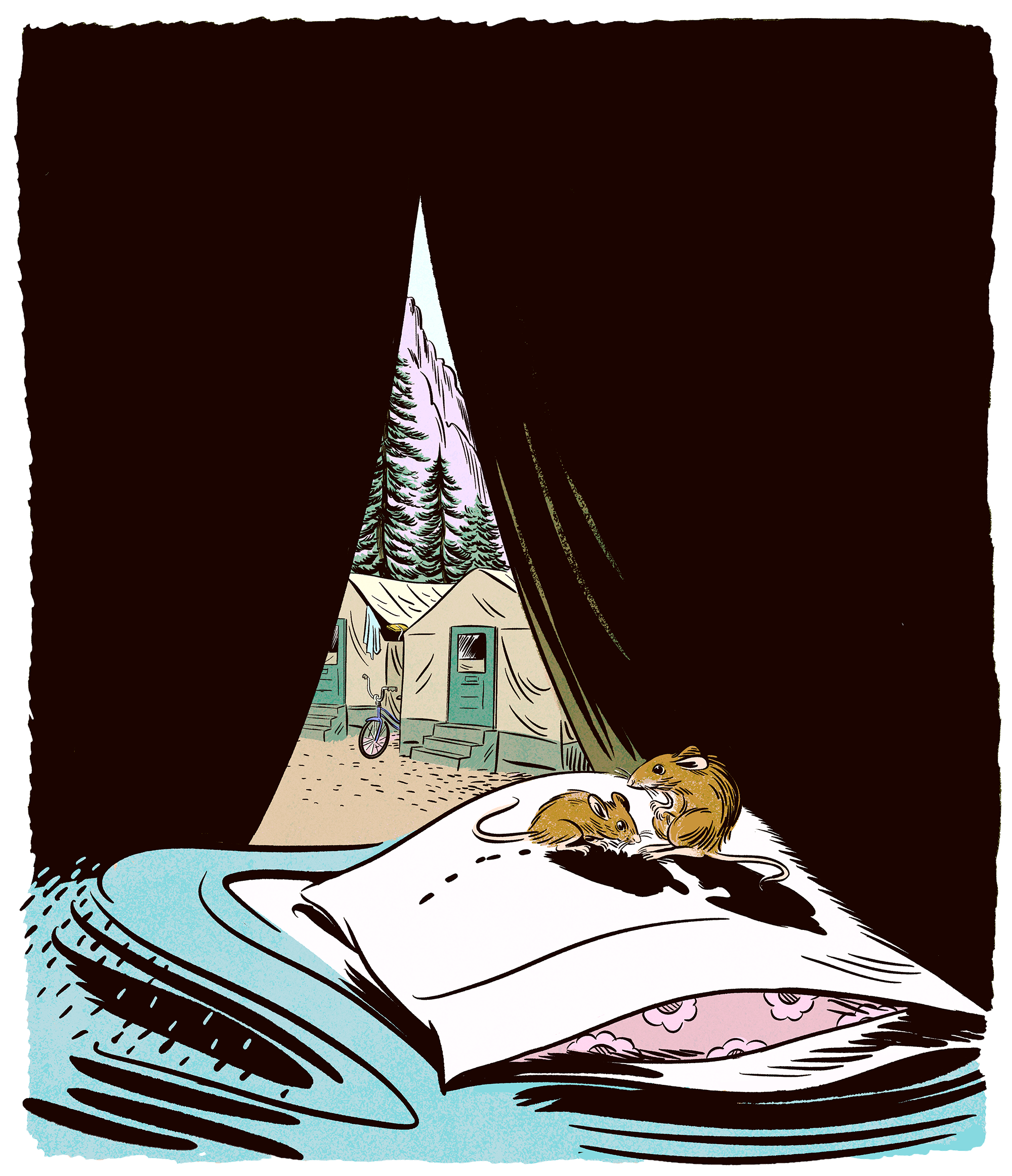 Illustration of mice on pillow inside tent