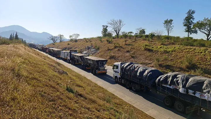 Trucks heading for Mozambique backed up on the N4 highway outside Mbombela in South Africa, on July 6, after protesters blocked parts of the road.