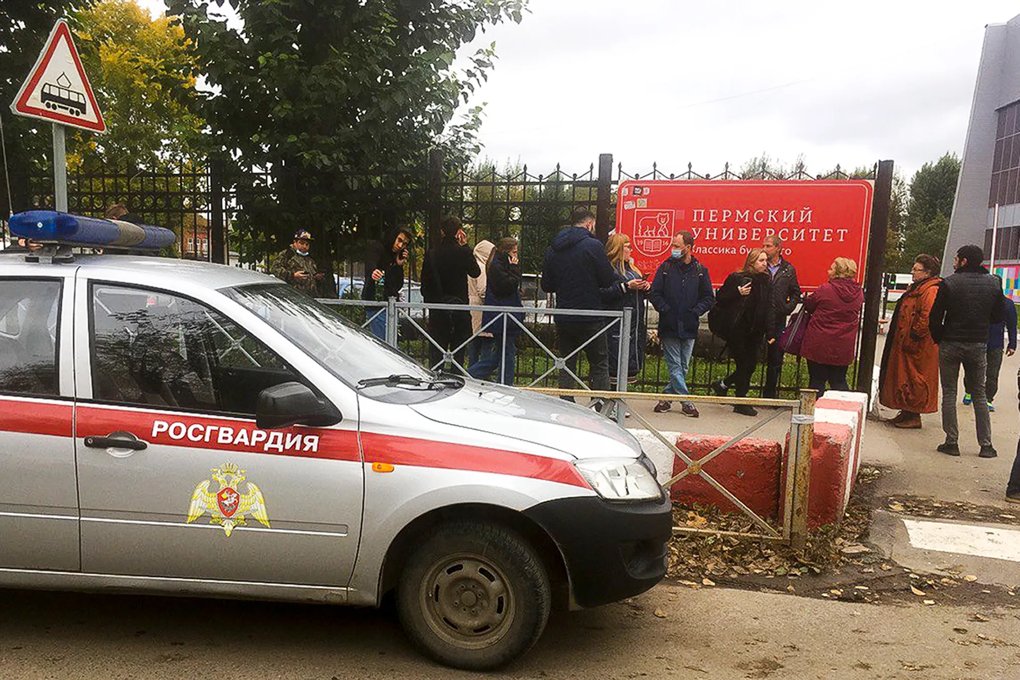 A Russian National Guard police vehicle outside Perm State University in Perm, Russia, Sept. 20.