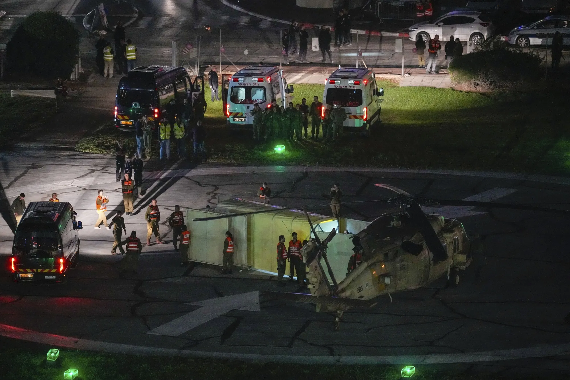 A helicopter carrying hostages released by Hamas lands at Schneider Children's Medical Center in Petah Tikva, Israel, on&nbsp;Nov. 24.