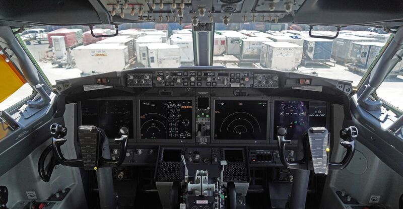 The cockpit of a groundedÂ Boeing Co. 737 Max 8 aircraft in Cenkareng, Indonesia.