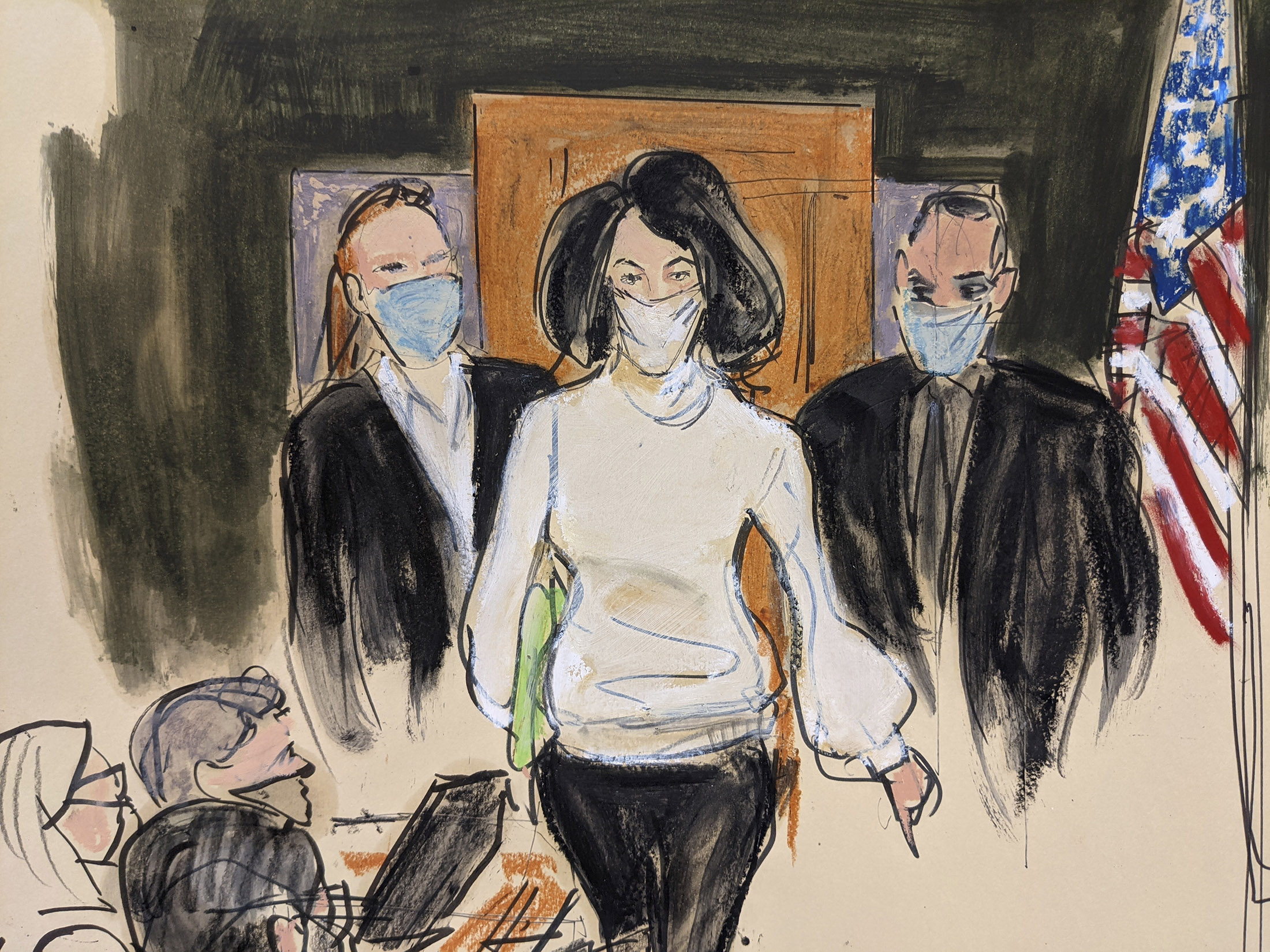 In this courtroom sketch, Ghislaine Maxwell enters the courtroom escorted by US&nbsp;Marshalls at the start of her trial, on Nov. 29, 2021.