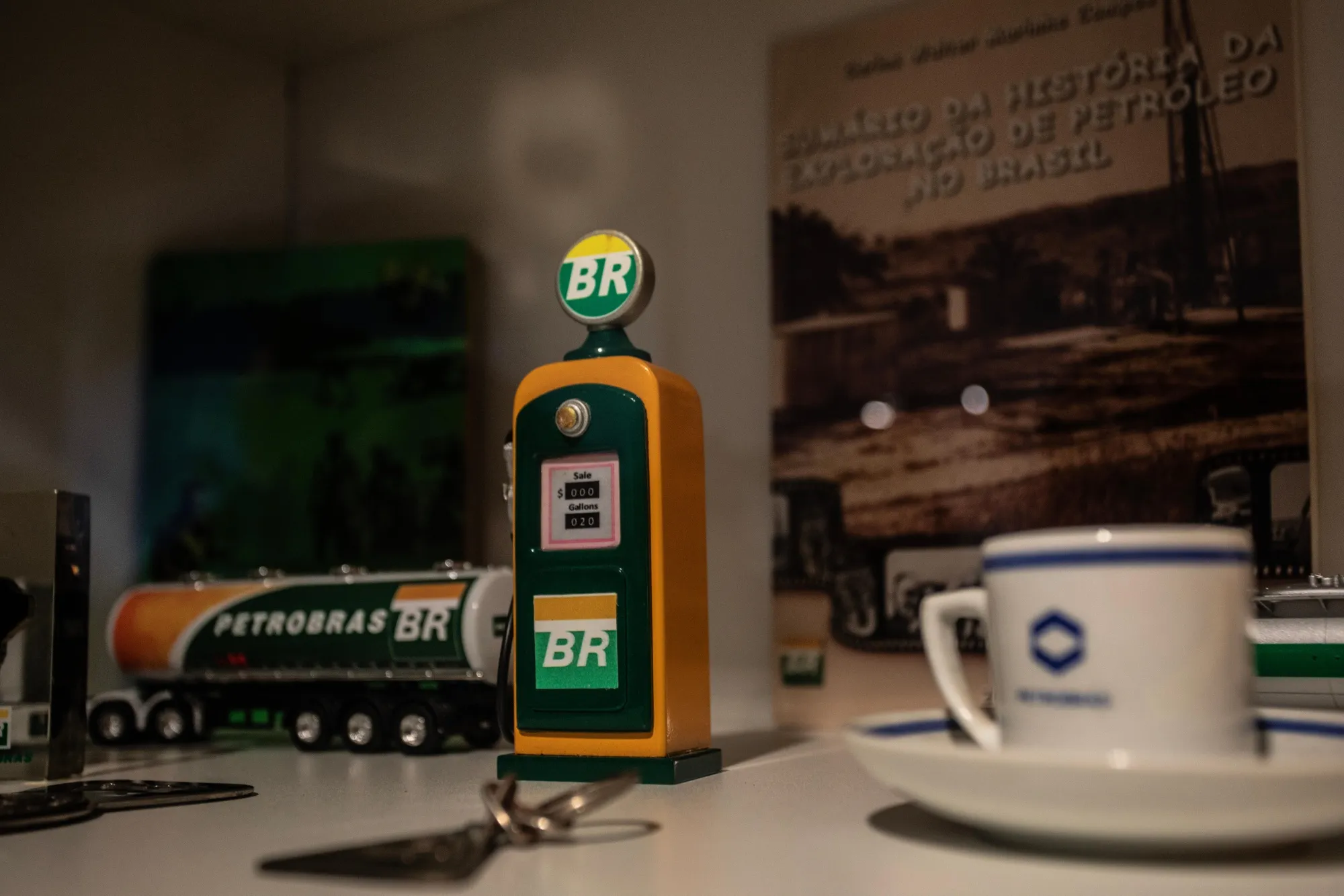 A toy Petroleo Brasileiro SA (Petrobras) gas pump at the Petroleo Brasileiro SA (Petrobras) 70th anniversary event at the company's public expo in the Copacabana neighborhood of Rio de Janeiro, Brazil, on Tuesday, Oct. 3, 2023.