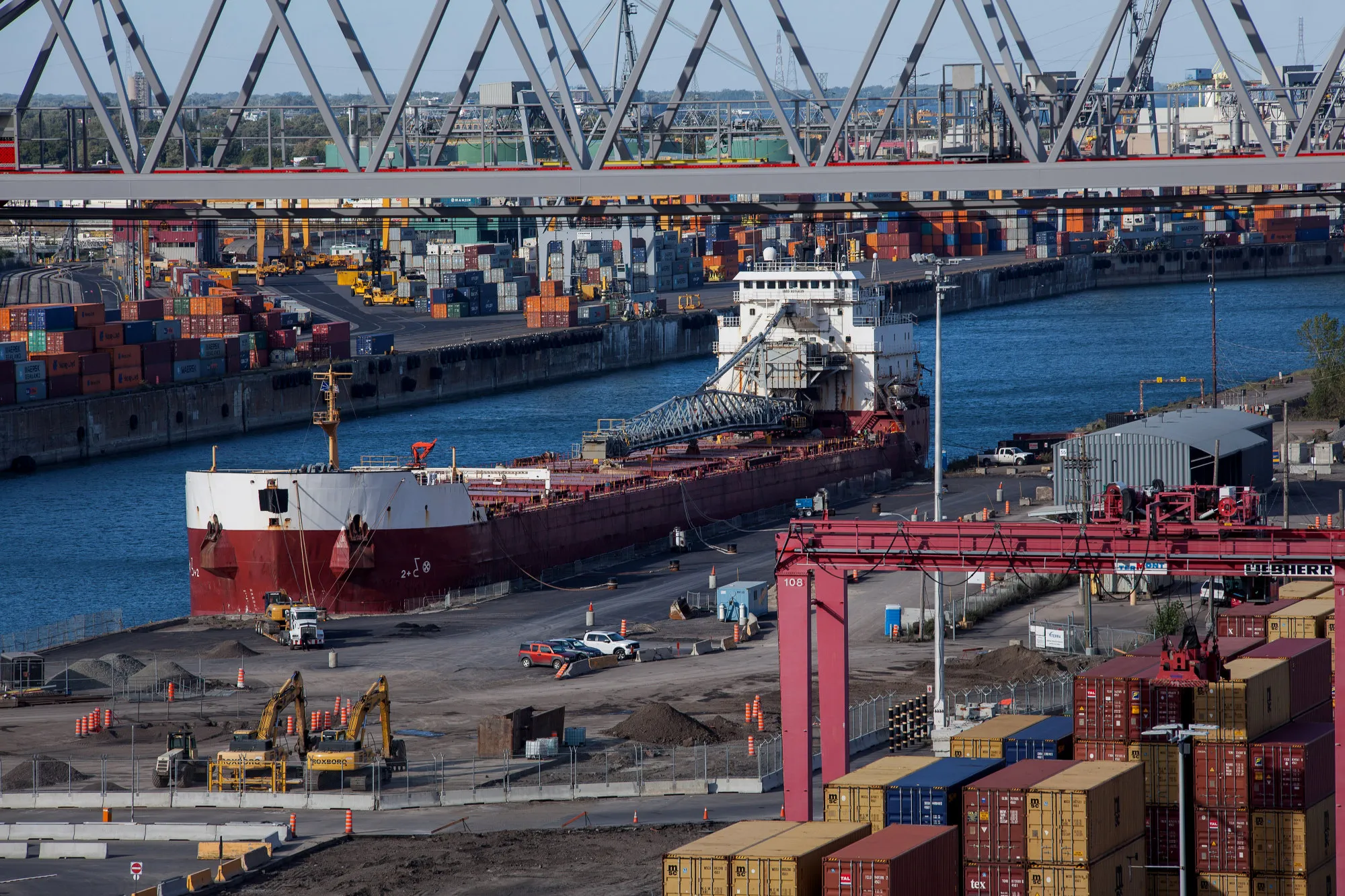 A cargo ships sits docked at the Viau terminal in the Port of Montreal in Montreal, Quebec, Canada, on Wednesday, Sept. 21, 2016. The STCA (Statistics Canada) is scheduled to release wholesale trade total sales on Feb. 20.