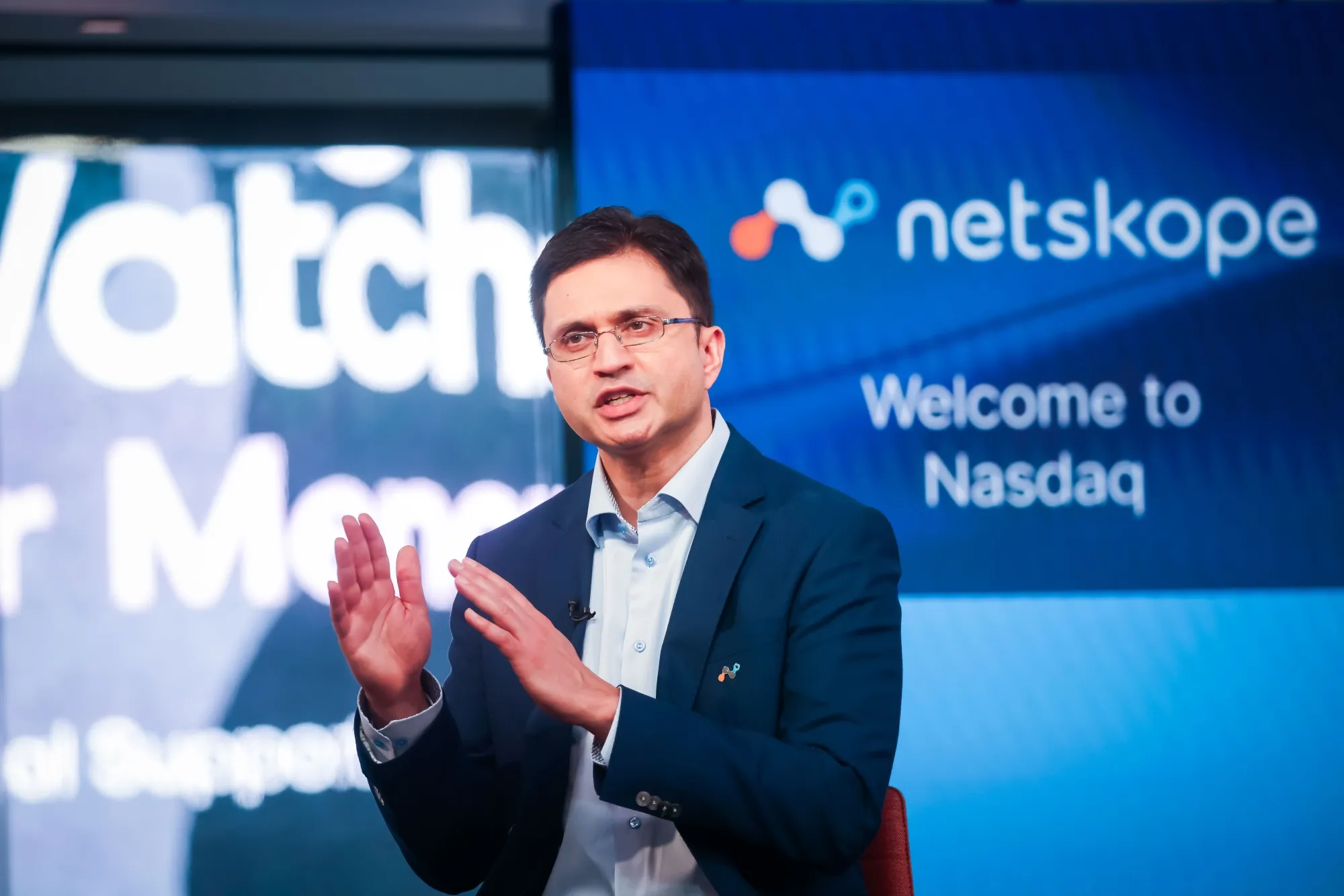 Sanjay Beri, chief executive officer of Netskope Inc., during the company's initial public offering at the Nasdaq MarketSite in New York, US, on Thursday, Sept. 18, 2025. Netskope Inc.’s shares jumped 21% in its trading debut, after the cybersecurity firm&nbsp;raised&nbsp;$908.2 million in an initial public offering.