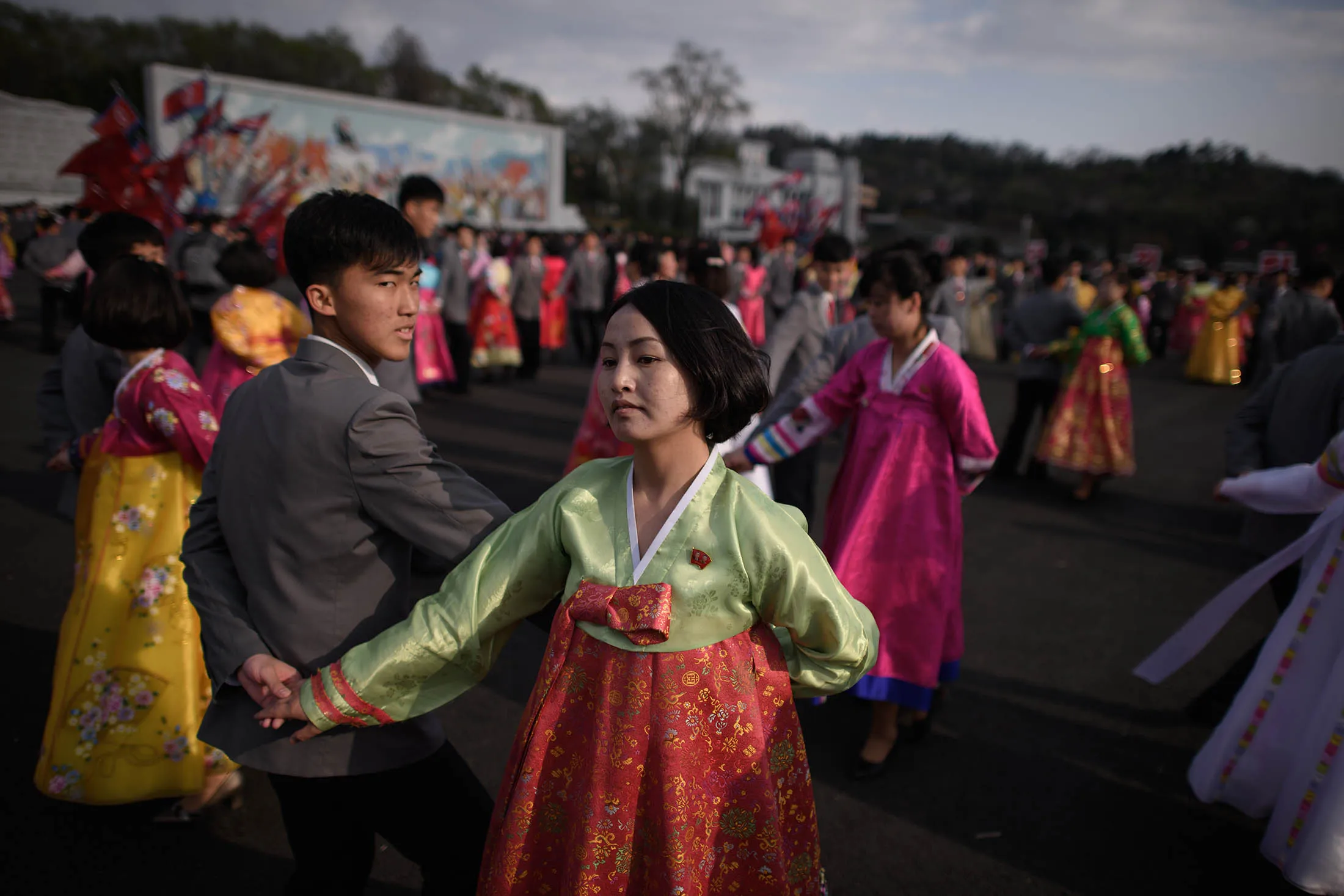 Students take part in a mass dance event during celebrations marking the anniversary of the birth of late North Korean leader Kim Il Sung in Pyongyang on April 15.