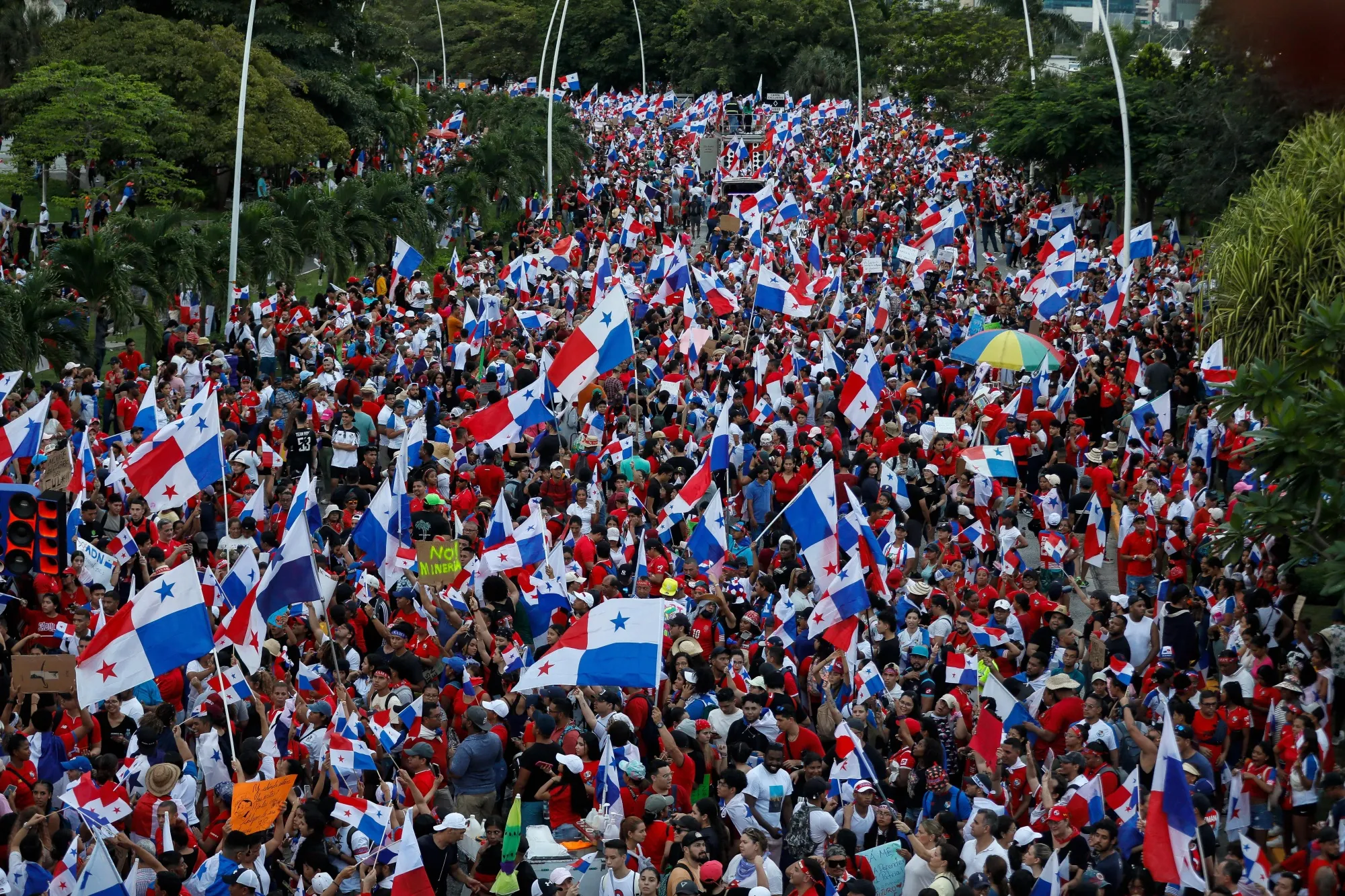 Protesters march against the government contract with First Quantum Minerals in Panama City on Oct. 29.