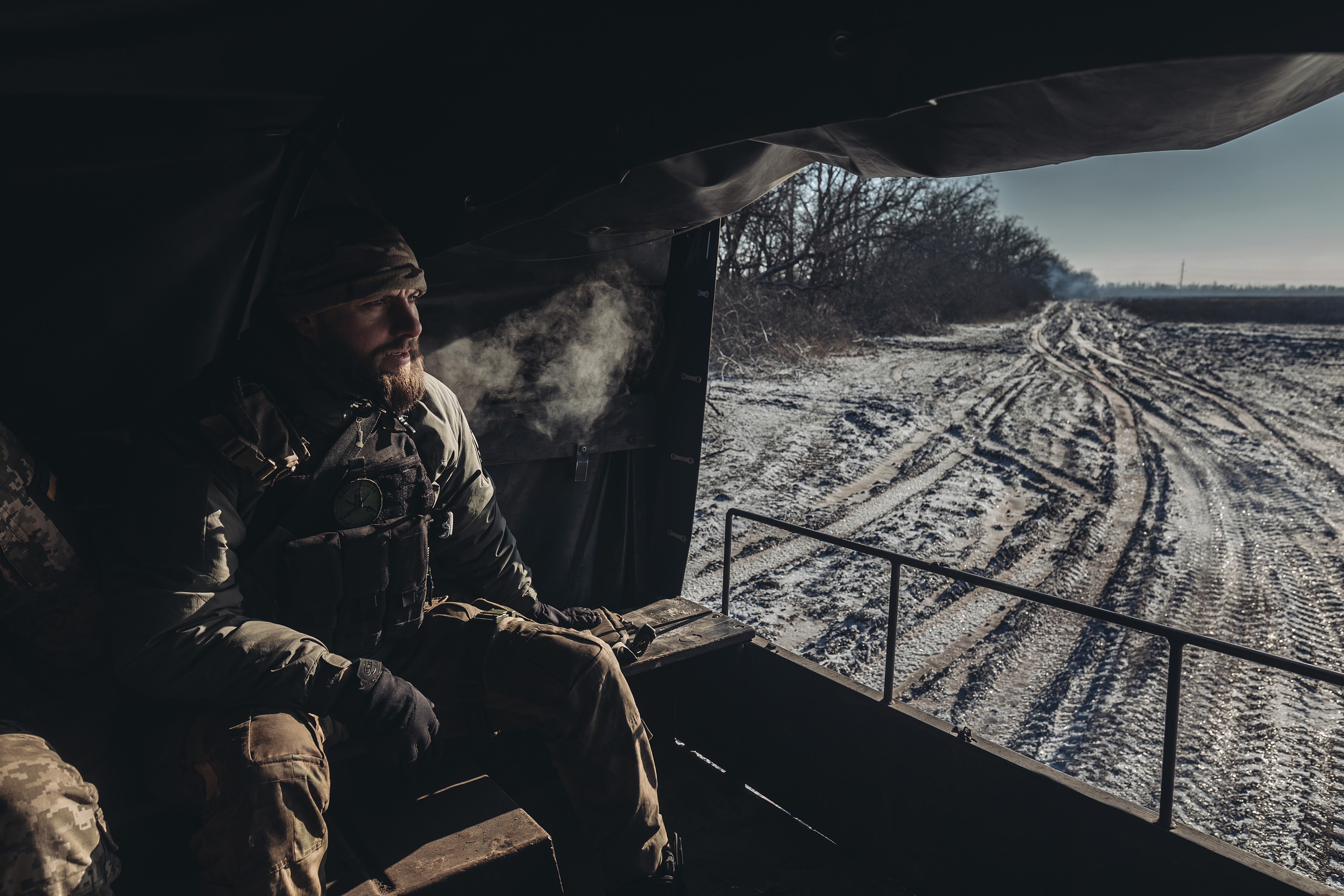 A Ukrainian soldier in a truck on the Bakhmut frontline in the Donetsk province&nbsp;on Jan. 8.
