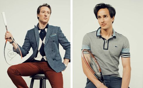 On Gerra: Linen double-breasted blazer by Tommy Hilfiger, argyle polo by Dior Homme, pants by Maison Margiela, pocket square by the Tie Bar, leather bracelets by Caputo & Co., watch by Patek Philippe, belt by Billykirk. On Mathur: Polo by Lacoste, wool pants by Dior Homme.