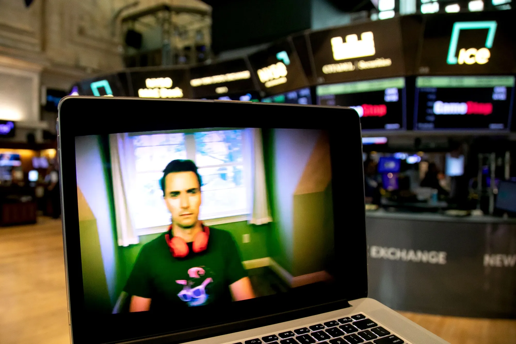 Keith Gill during a YouTube livestream arranged on a laptop at the New York Stock Exchange on June 7.