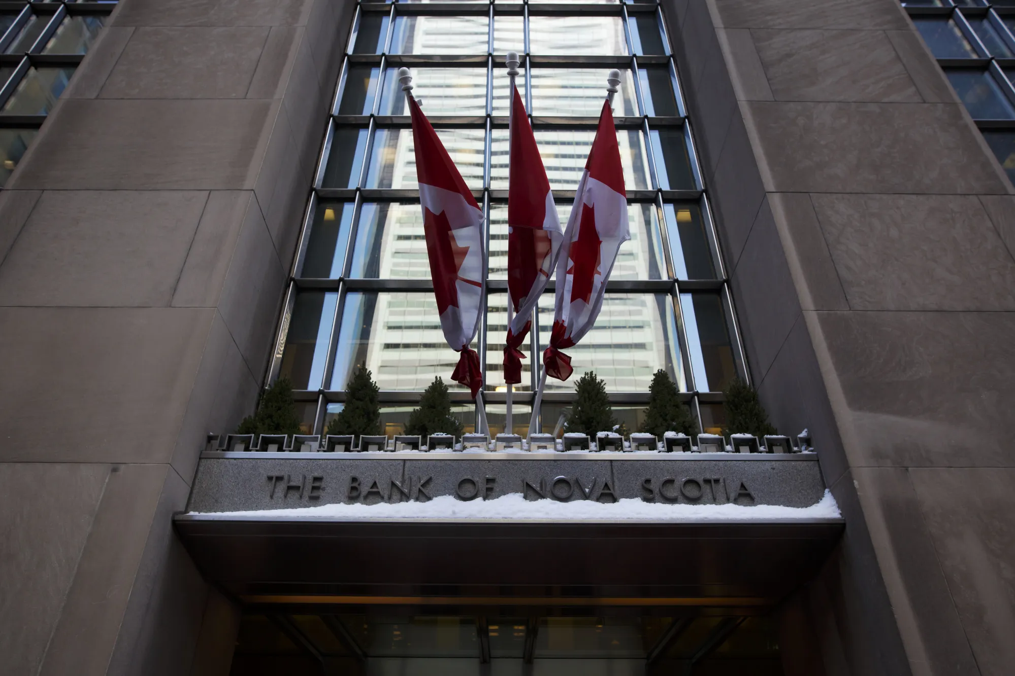 Canadian flags fly outside the Bank of Nova Scotia building in downtown Toronto.