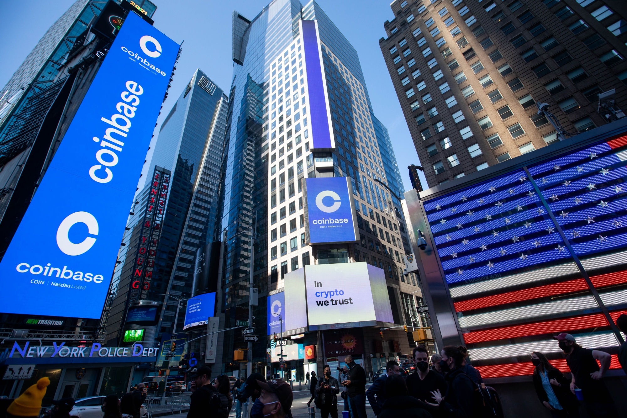 Coinbase signage during the company’s IPO in New York in 2021.