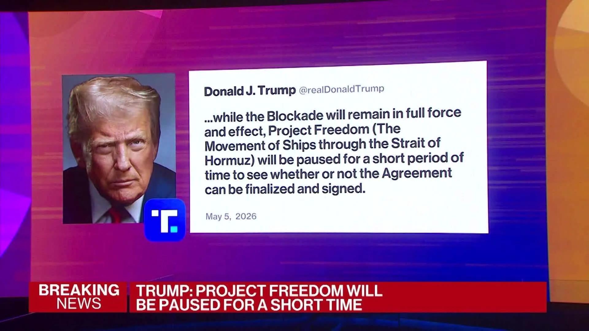 Watch US to Pause Guiding Ships While Seeking Iran Deal: Trump - Bloomberg