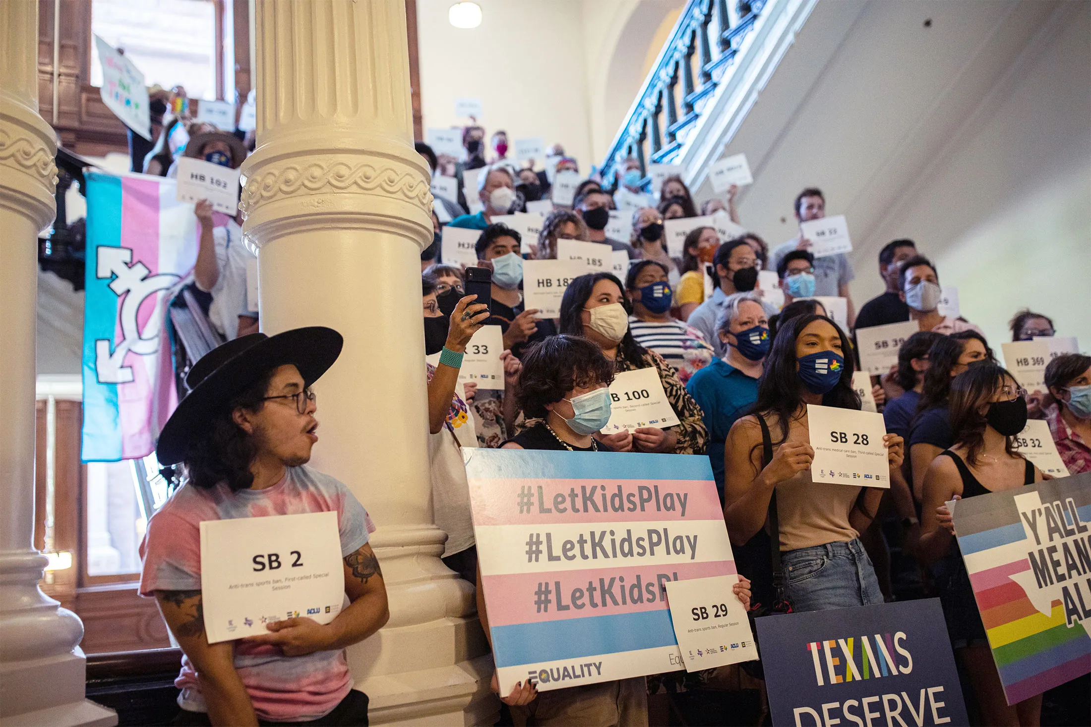 Demonstrators gather at the Texas State Capitol to protest state Republican-led efforts to pass legislation that would restrict the participation of transgender student athletes in Austin, on Sept. 20.