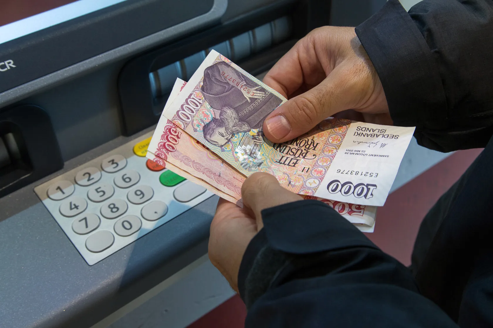 Icelandic krona banknotes in Reykjavik, Iceland.