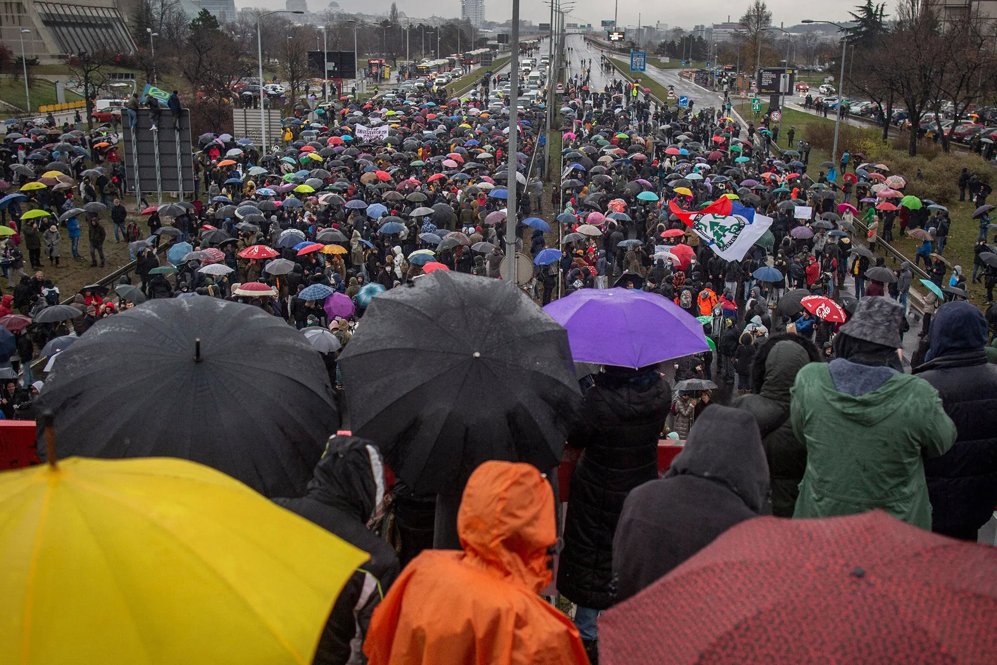 People block the highway to protest against Rio Tinto’s plan to open a lithium mine, in Belgrade, on Dec. 11.