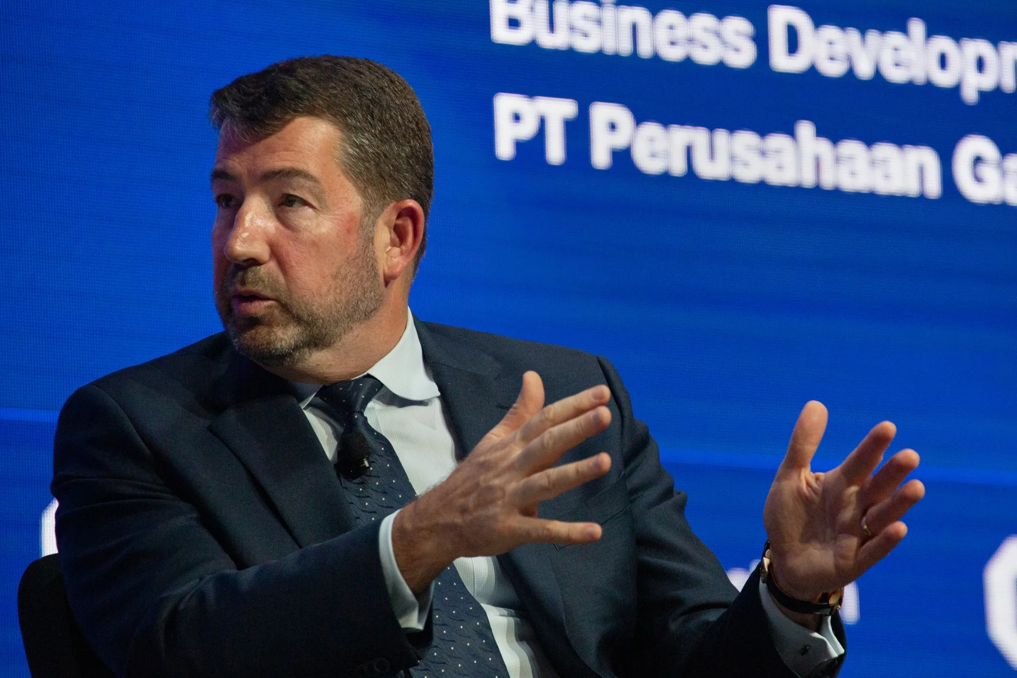 De La Rey Venter, chief executive officer of MidOcean Energy, speaks during the Gastech Conference in Houston in 2024.&nbsp;