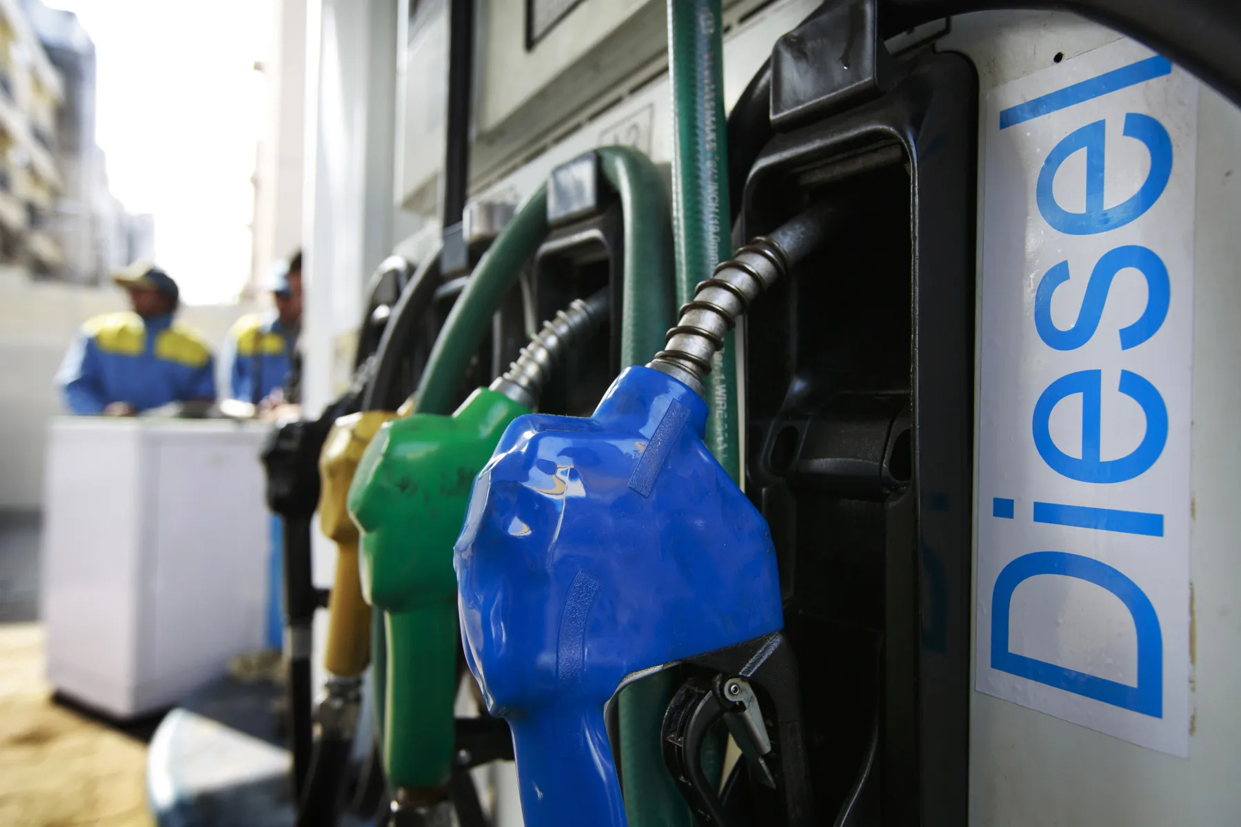 A diesel gas pump stands at a&nbsp;gas station.