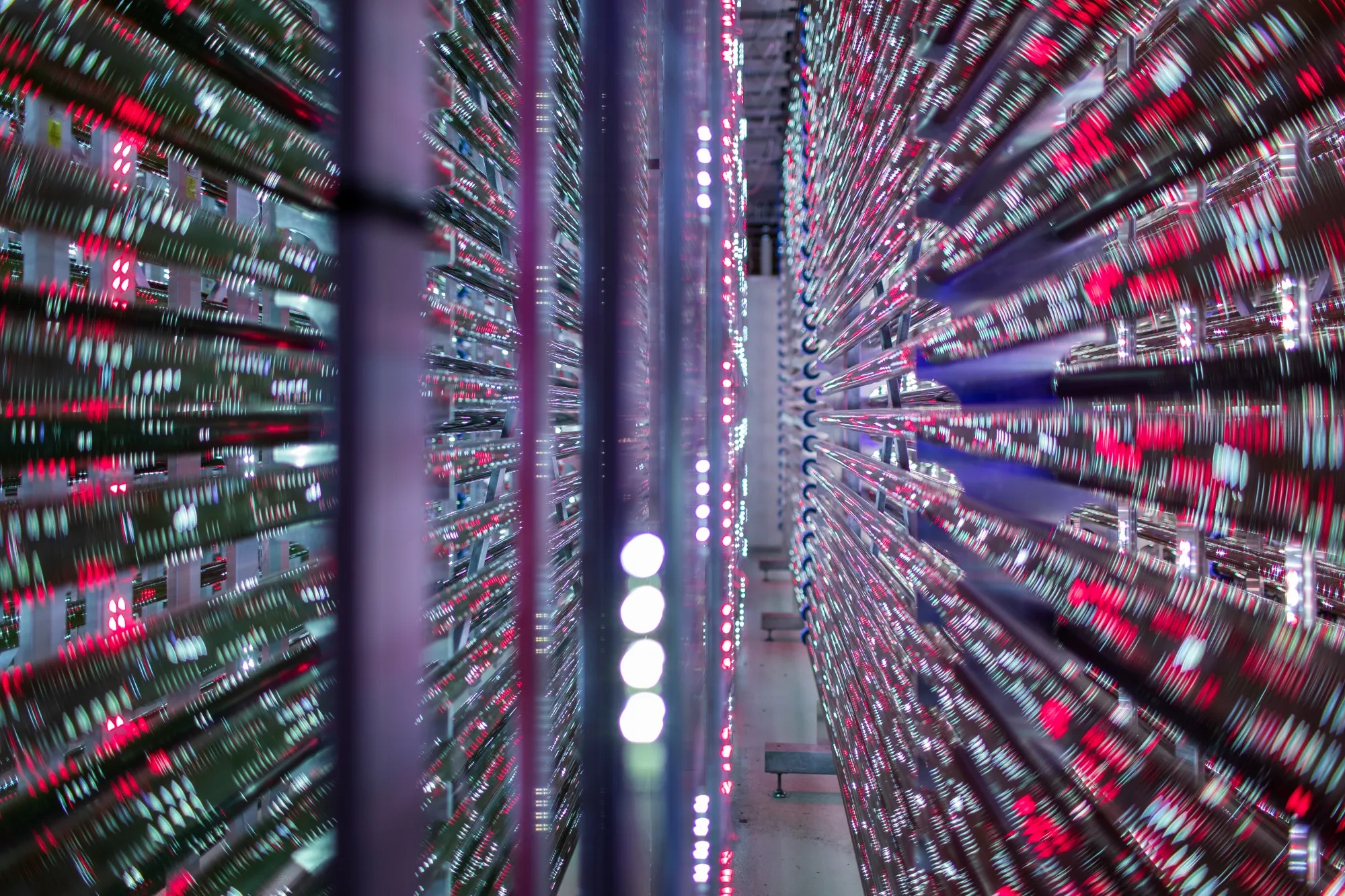 Pipes on racks under led lights to promote the growth of microalgae for extracting the antioxidant astaxanthin at Algalif Iceland ehf. in Reykjanesbaer, Iceland.
